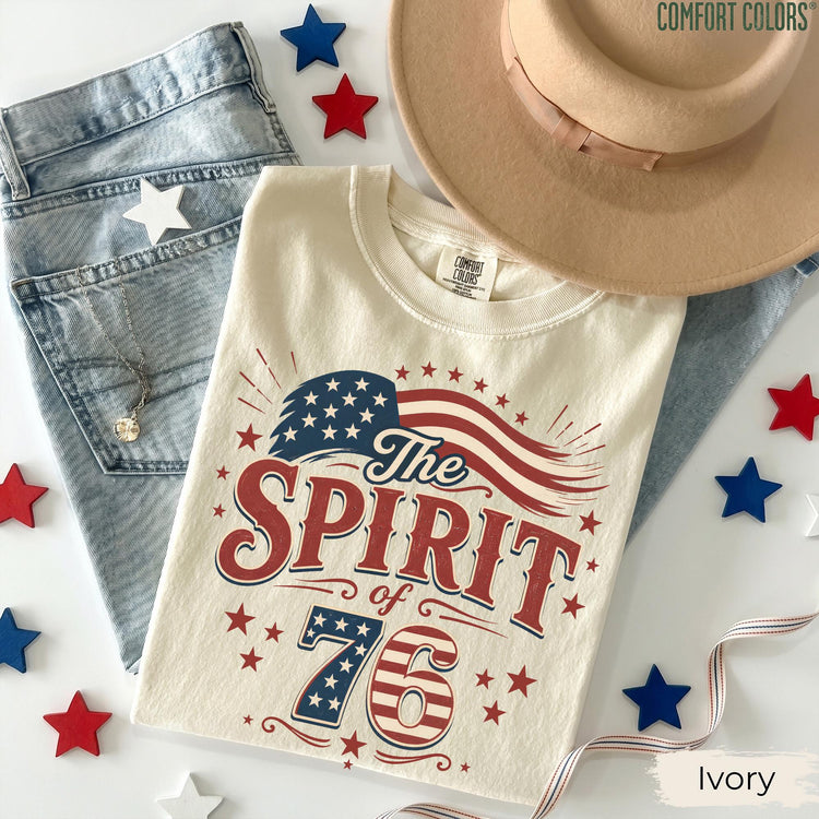 Comfort Colors® Vintage Spirit Of 76 250th Anniversary Tee, Patriotic American Flag Graphic Shirt, Freedom