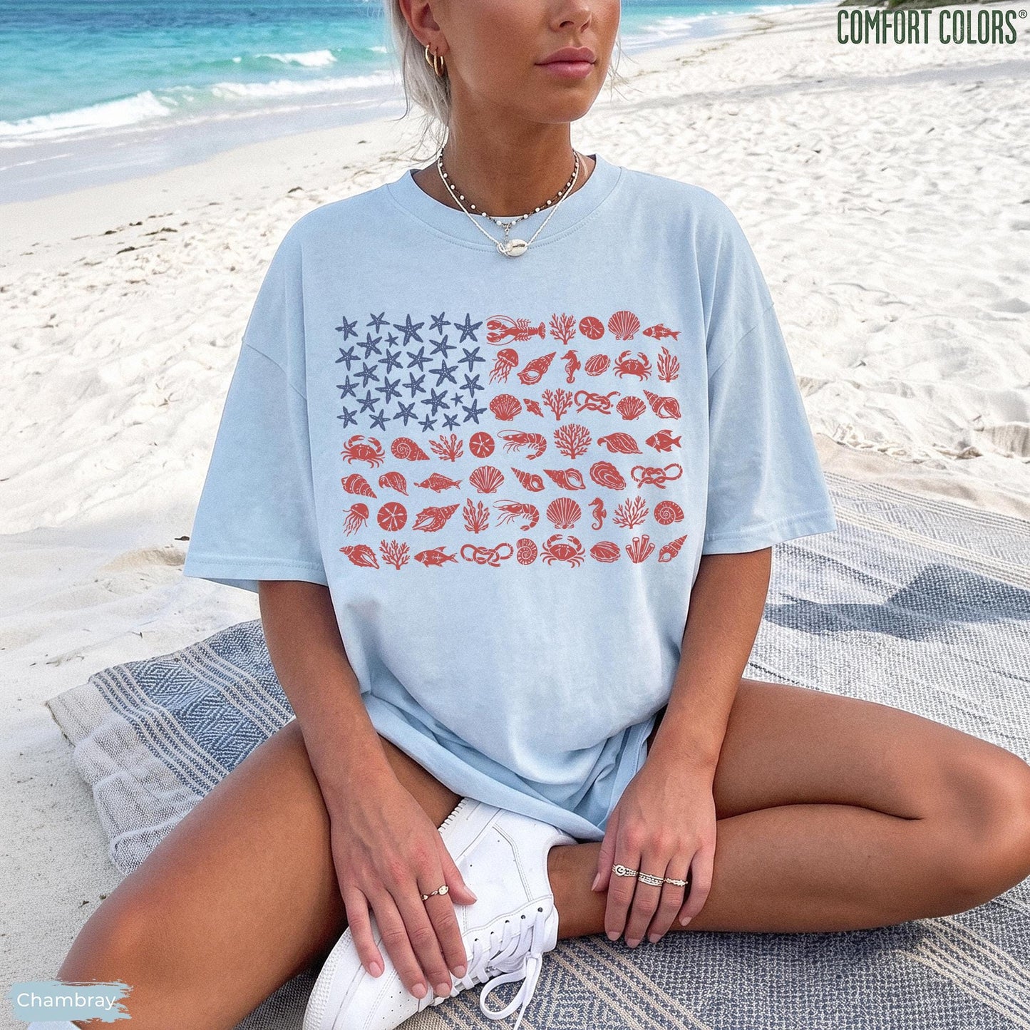 Seashell USA Flag Comfort Colors  Shirt, 250th Anniversary 4th of July Tshirt, Coastal Patriotic Tee, Beachy Nautical American Flag,USA Gift