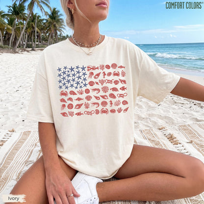 Seashell USA Flag Comfort Colors  Shirt, 250th Anniversary 4th of July Tshirt, Coastal Patriotic Tee, Beachy Nautical American Flag,USA Gift