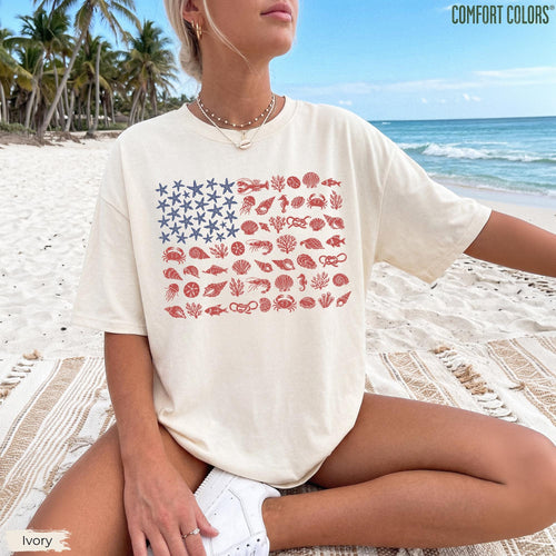 Seashell USA Flag Comfort Colors  Shirt, 250th Anniversary 4th of July Tshirt, Coastal Patriotic Tee, Beachy Nautical American Flag,USA Gift