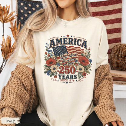 Comfort Colors® America 250 Years Flag & Poppies Shirt, God Shed His Grace on Thee Tee, Patriotic T-Shirt