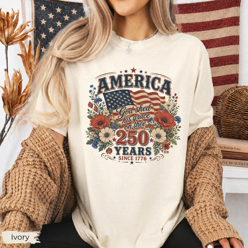 Comfort Colors® America 250 Years Flag & Poppies Shirt, God Shed His Grace on Thee Tee, Patriotic T-Shirt