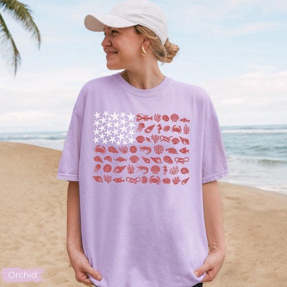 Seashell USA Flag Comfort Colors  Shirt, 250th Anniversary 4th of July Tshirt, Coastal Patriotic Tee, Beachy Nautical American Flag,USA Gift