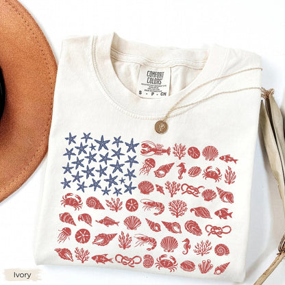Seashell USA Flag Comfort Colors  Shirt, 250th Anniversary 4th of July Tshirt, Coastal Patriotic Tee, Beachy Nautical American Flag,USA Gift