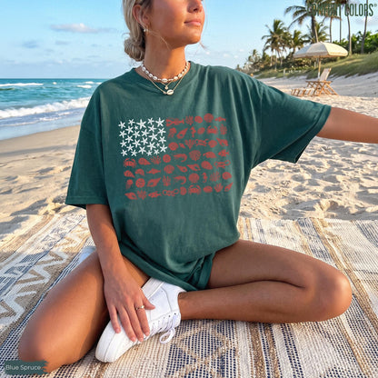 Seashell USA Flag Comfort Colors  Shirt, 250th Anniversary 4th of July Tshirt, Coastal Patriotic Tee, Beachy Nautical American Flag,USA Gift
