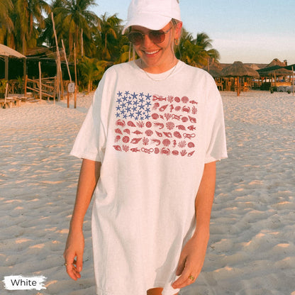 Seashell USA Flag Comfort Colors  Shirt, 250th Anniversary 4th of July Tshirt, Coastal Patriotic Tee, Beachy Nautical American Flag,USA Gift